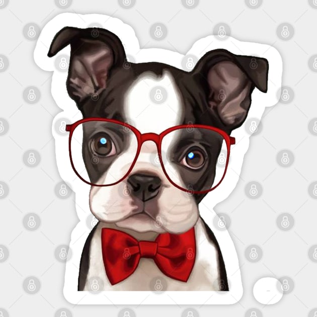 Boxer Puppy wearing Red Glasses and Bow Tie Sticker by tfortwo